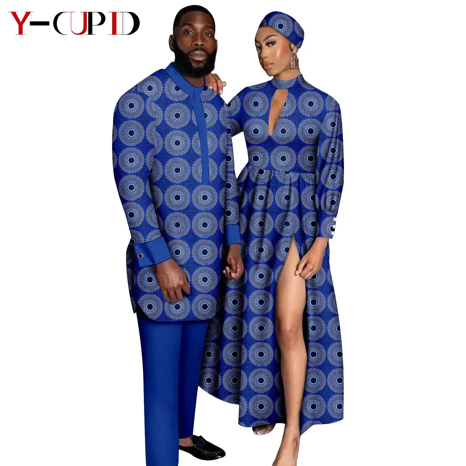 Sexy African Print Dresses for Women with Headwrap Dashiki Couples Clothes Matching Outfits Men Long Top and Pant Sets 24C026