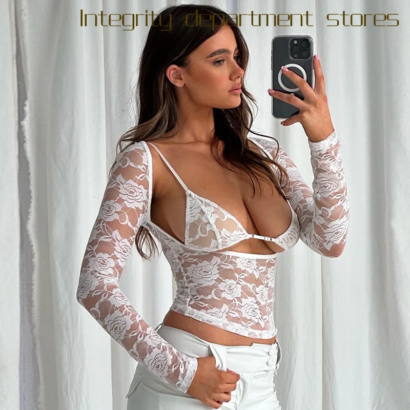 

Sexy V-Ne Lace Cutout eer Top Slim Fit Hollow out European Sle Long Sve Printed T-irt for Women