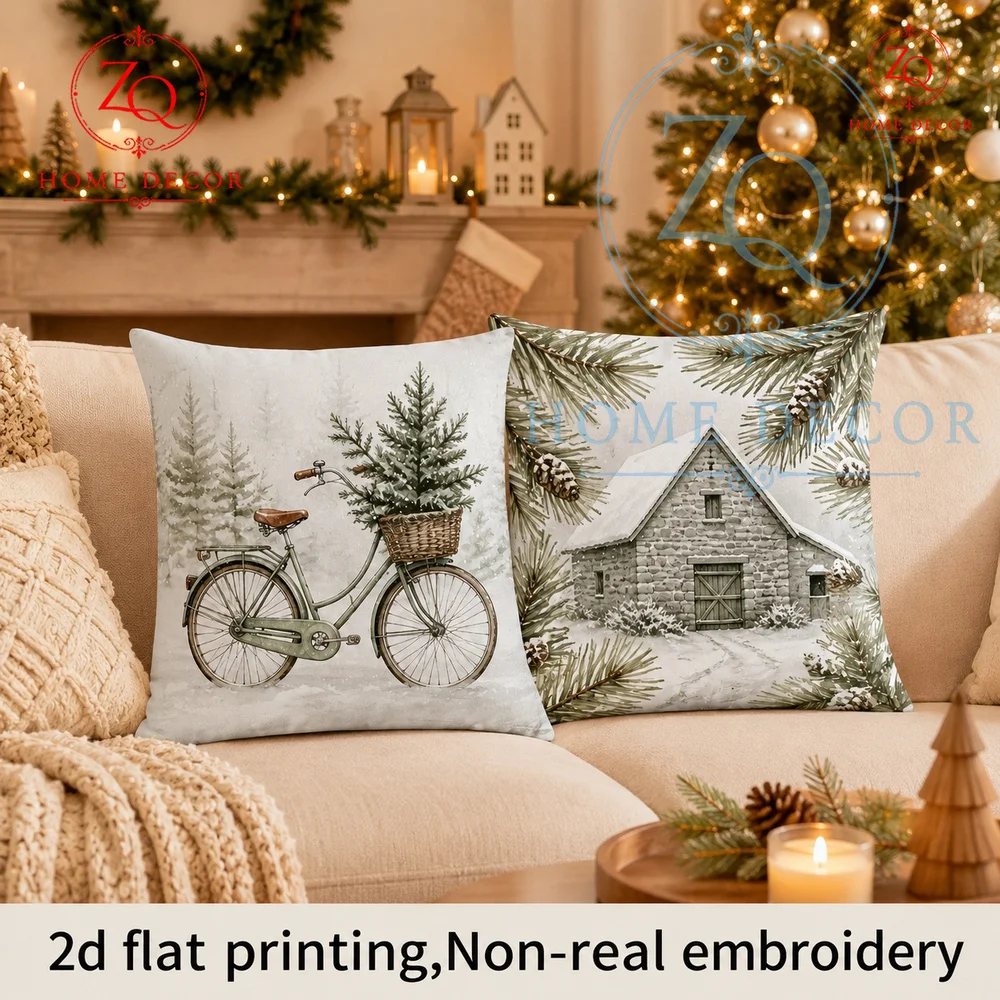 Vintage Christmas Farmhouse Throw Pillow Covers Rustic Bicycle Snowy Pine Tree Winter Cushion Cases  Inch Soft Linen Pillowcases