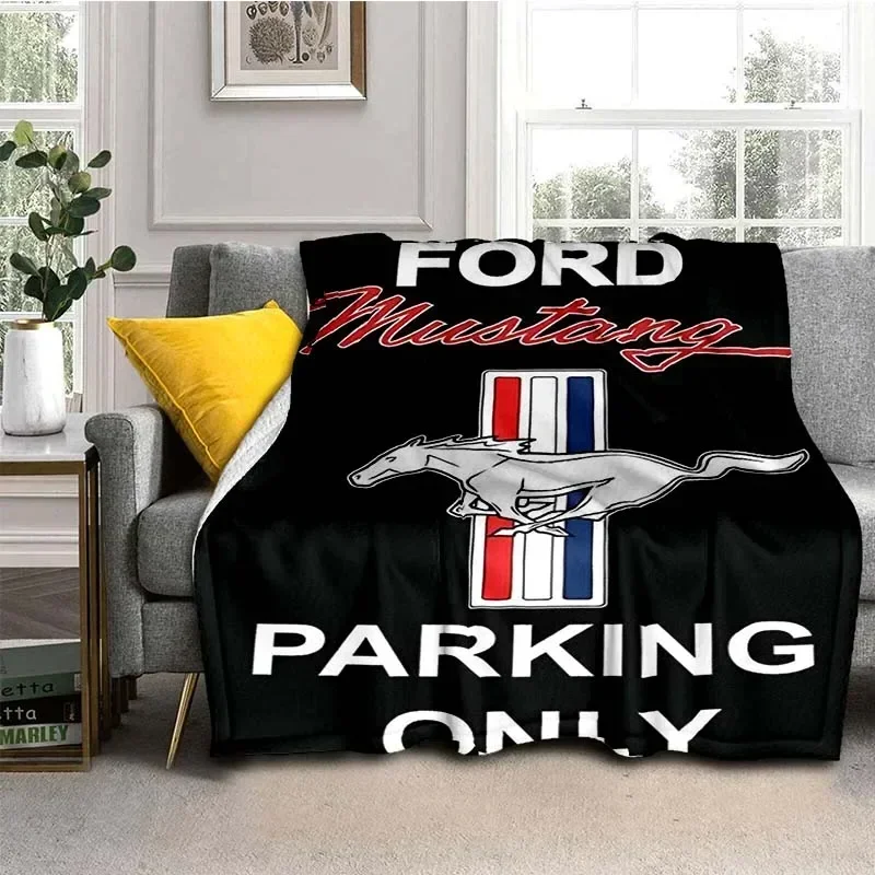 Mustang car logo printed flannel blanket can be customized for living room, bedroom, sofa, bed blanket, children's gift airdrop