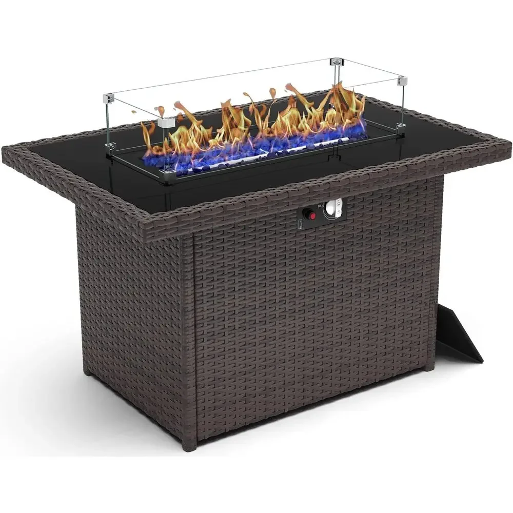 44 Outdoor Propane Gas Fire Pit Table with 60,000 BTU Wicker Rattan and Glass Wind Guard