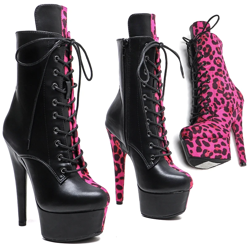 Leecabe  17cm/7Inch matte PU mix Leopard printHigh Heels Platform Party stripper heel  pole dance boots