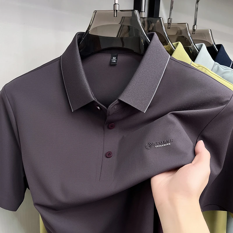 High end brand ice silk short sleeve polo shirt men's summer breathable new letter embossed solid color business casual T-shirt