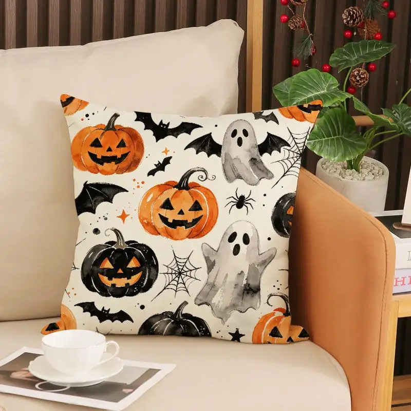 3 Stück Halloween-Geister-Print Sofakissenbezüge, Dekorative Kissenhüllen für Innenräume, Atmosphärische Kopfteil-Kissenbezüge – Detail 9