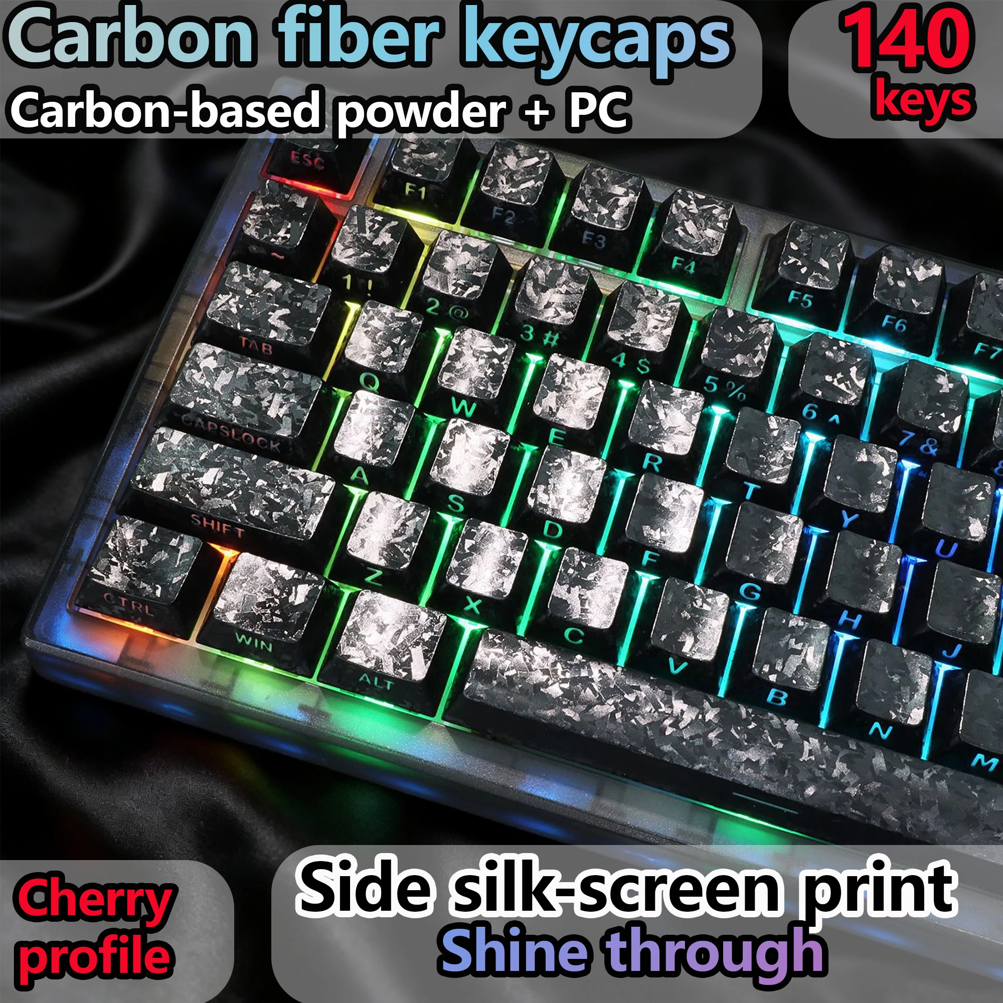 

Black Carbon-based powder + PC Keycaps Side Print Shine Through PBT Backlit Cherry Key Cap for 61/68/87/100 Keyboard 140 Keys