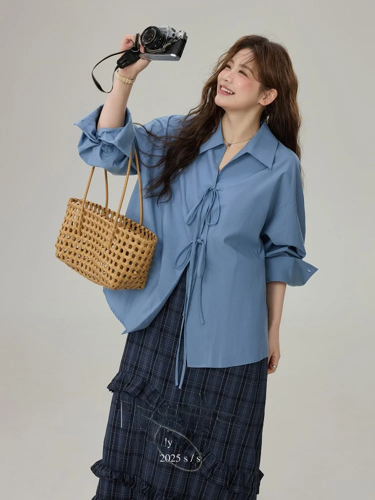 

Loose plus Size Women's Blue Shirt Korean Style High Waist Tie Dye Sun Protection Pure Color Business Casual Long Sleeve