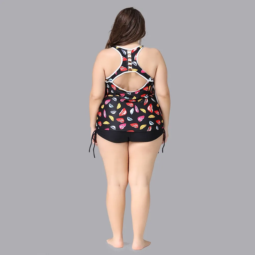 Plus Size Swimwear two piece Sepatate Swimsuit Women Ladies Boy Short High Waist Bikinis Bathing Suits Lips Print Tankini 5XL