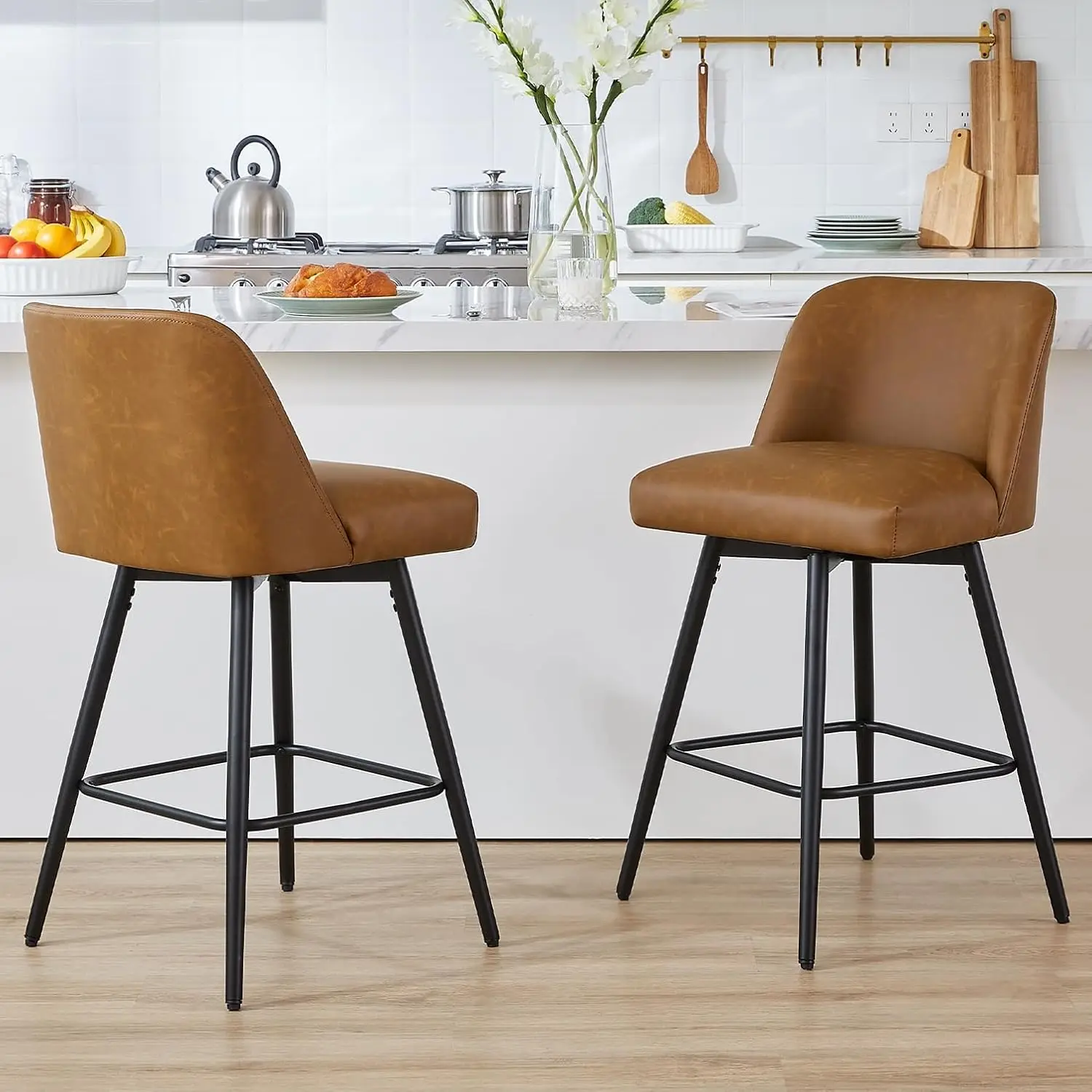 360°Swivel Counter Height Bar Stools Set of 2,Upholstered Morden Kitchen Barstools with High Backs,26