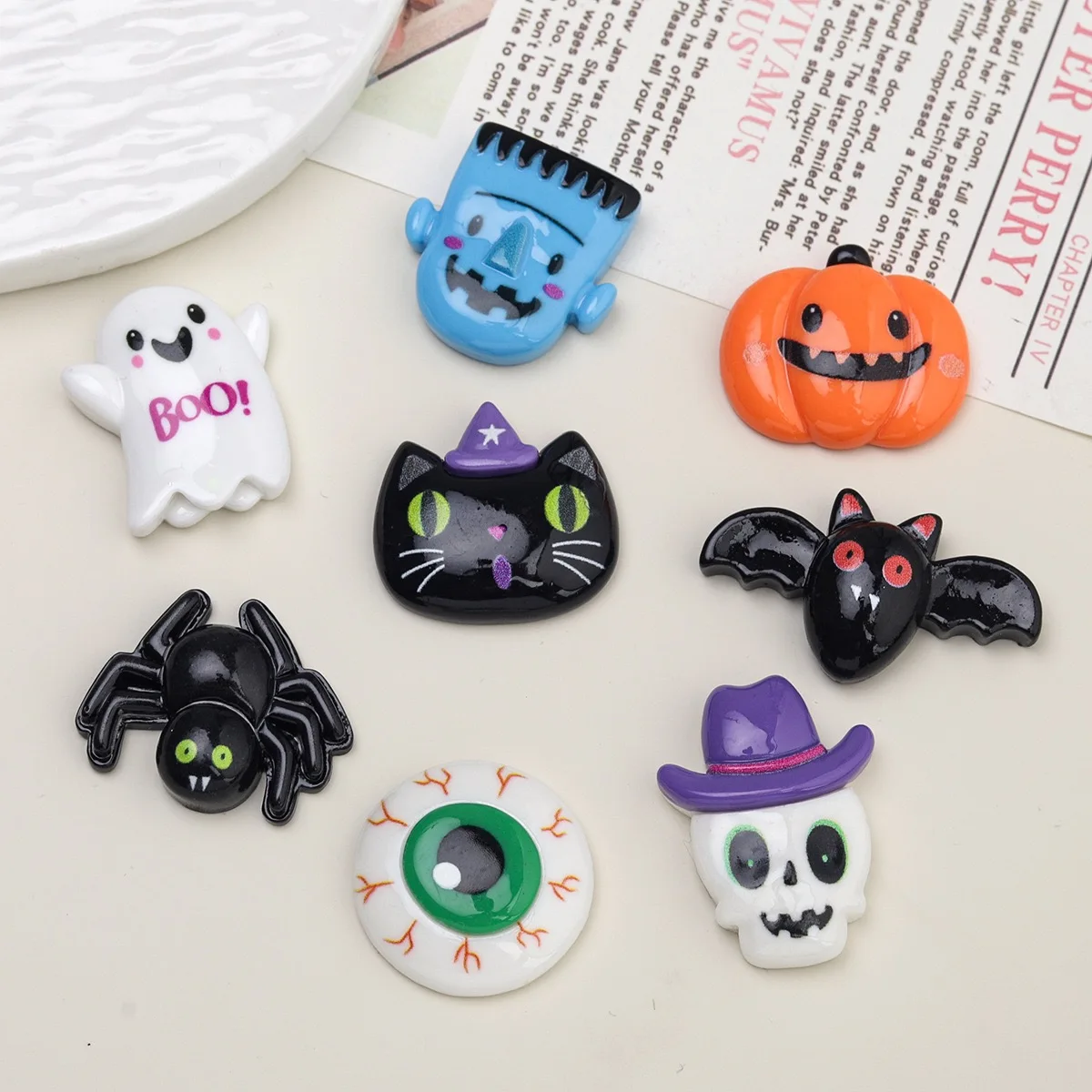 10pcs Colorful Resin Pumpkin Ghost Skull owl Flatback Cabochon  Figurines DIY  Halloween Accessories Scrapbooking Crafts