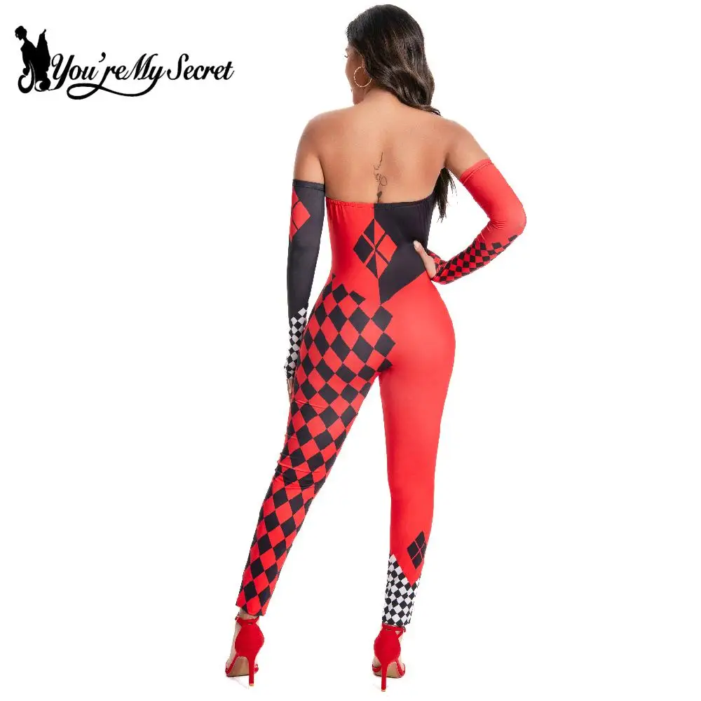 [Tu es mon Secret] Anime Harley Q Clown combinaisons sans bretelles Sexy femmes Catsuit Joker Cosplay Costumes Halloween body