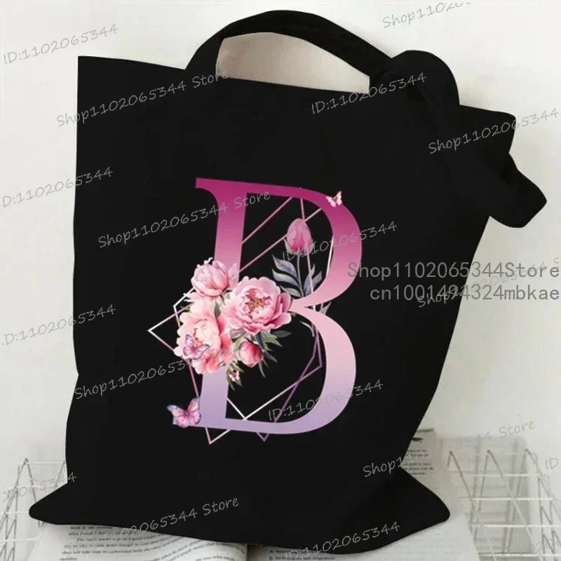 Purple Floral Alphabet Pattern Retro Canvas Tote Bag Women Men Reusable Shopper Bag Harajuku Fashion Letter Shoulder Handbags