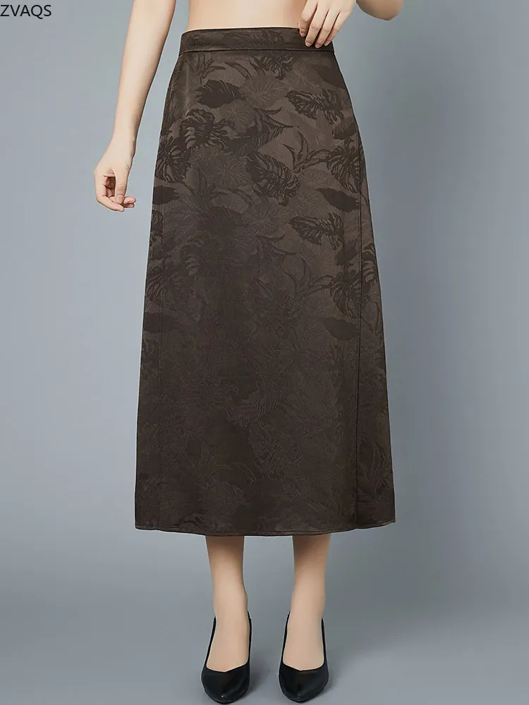 ZVAQS90% Mulberry Silk Women's Skirts Elegant Middle-aged Mom Summer Skirt Heavy Jacquard  Silk Mid-length Half SkirtЮбка