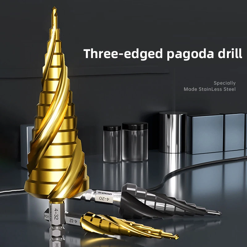 GREENER 4-12 4-20 4-32mm Hex Shank Step Drill Set HSS Pagoda Tapered Bit For Metal Wood Drilling Replace Multiple Twist Bits