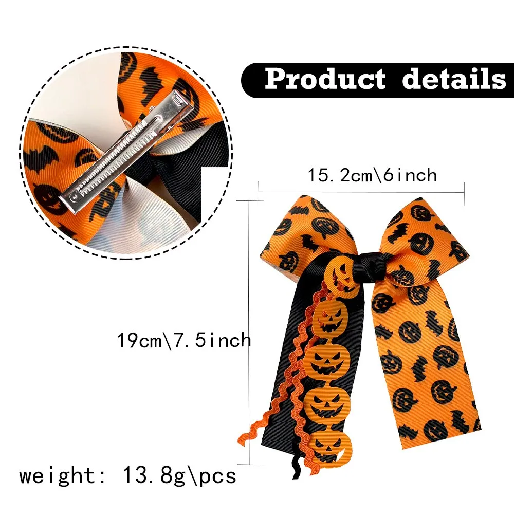 20pc Halloween Baby Hair Clips for Girls Pumpkin Skeleton Skull Print Bow Hairgrips Long Tassel Hairpins Kid's Festive Headwear
