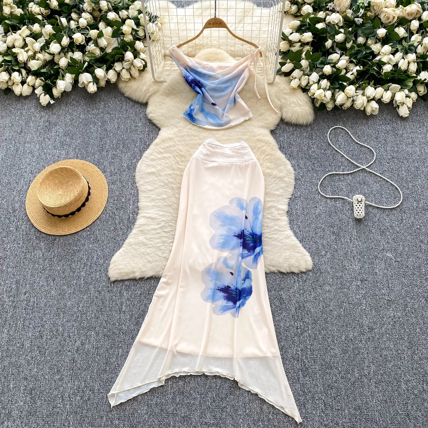 

Sexy sweet swinging collar print Vintage Evening Party Club dress Women Chic hotsweet Slim Beach Two Piece Set