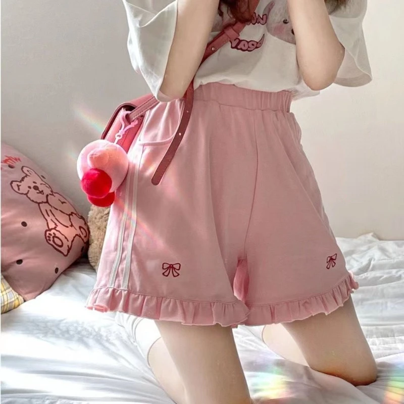 Sweet Design Sense Summer Sports Shorts Women Students 2024 New Cute Japanese Embroidery Loose Thin Wide Leg Shorts Female