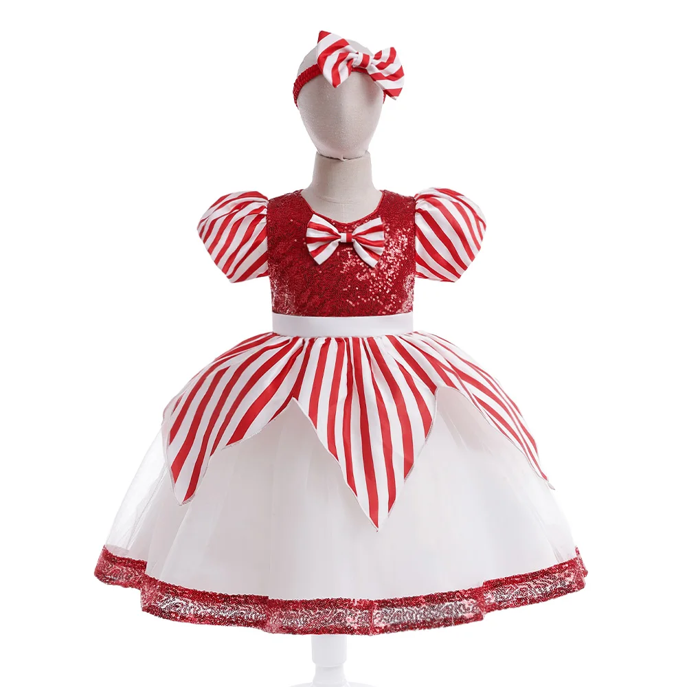 Red Striped Christmas Dresses for Girls Carnival Costume Big Bow Birthday Princess Girl Party Dress Wedding Bridesmaid Prom Gown