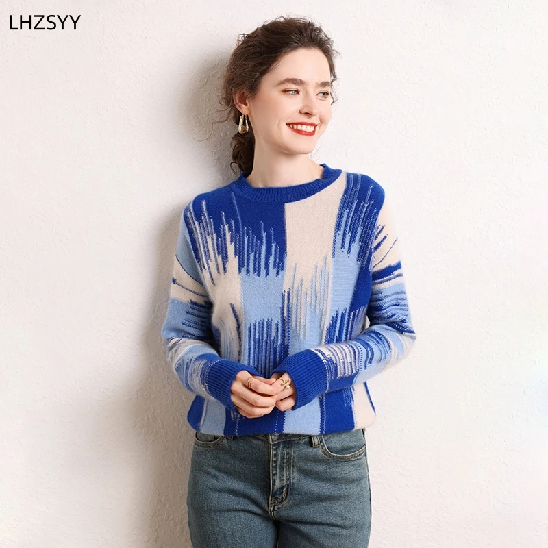 LHZSYY Ladies 100% Merino Wool Pullovers Winter O-Neck Color Sweater Loose Large size Thick Tops Fashion New Knit Cashmere Shirt