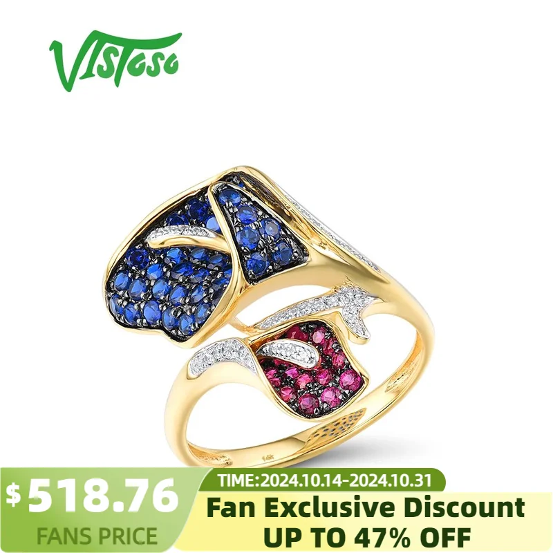 

VISTOSO Authentic 14K 585 Yellow Gold Ring For Women Sparkling Blue Sapphire Ruby Diamonds Dazzling Wedding Flower Fine Jewelry