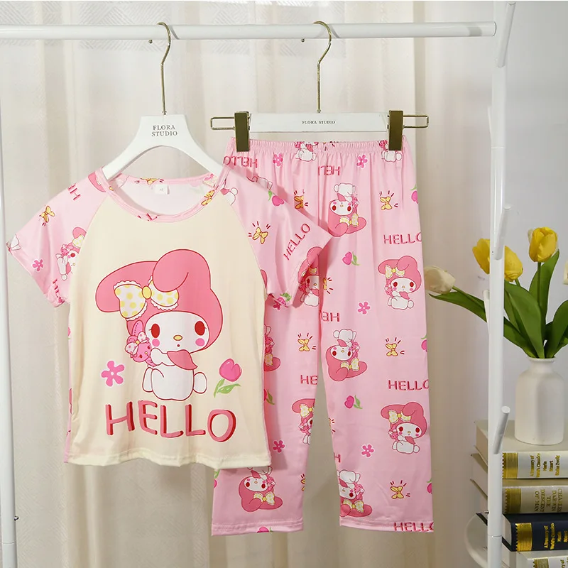 Girls Summer Short Sleeved Long Pants Children\'s Pajamas Sets for Children Thin Girls Cartoon Pajama Girl Sleepwear Robe Mother