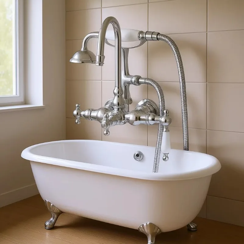Wall-mounted claw-shaped bathtub faucet chrome-plated gooseneck hand-held shower