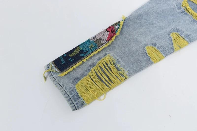 Chinesische Malerei-Stickerei auf Denim-Jeans für Herren, Streetwear mit Falten und Quasten, Distressed Destroyed Jeans, Gerade geschnittene Hose – Detail 11