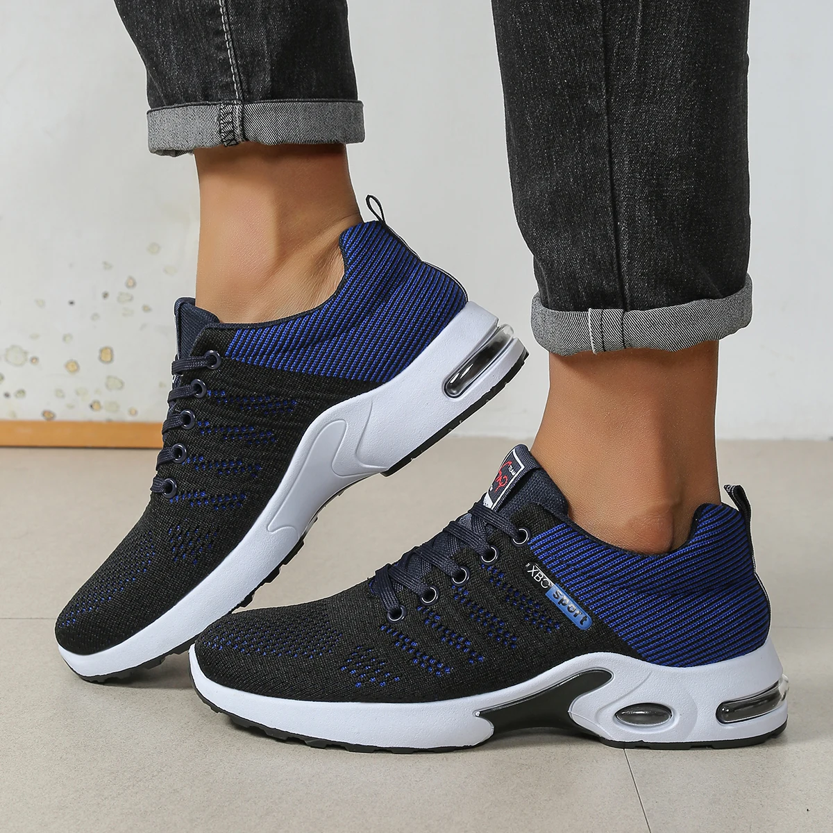 Men's Breathable Lace-Up Running Shoes, Knitted Mesh Casual Shoes, Comfortable Cushioned Sole Daily Shoes