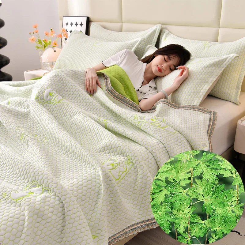 Ice Bean Cooling Feeling Summer Blanket for Bed Lightweight Breathable Air Conditioner Blanket Natural Mugwort Fiber Thin Quilt