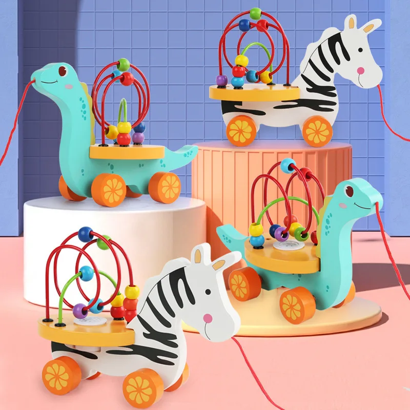 

Children's Early Education Wooden Animal Cartoon Trailer with Beads Building Blocks Dragging Lines Puzzle Toys