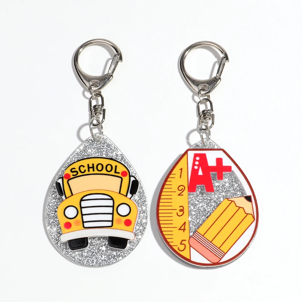 Creative School Bus Pencil Measuring Scale Acrylic Keychain Accessories Package Bicycle Pendant Keychain Jewelry New Year Gift
