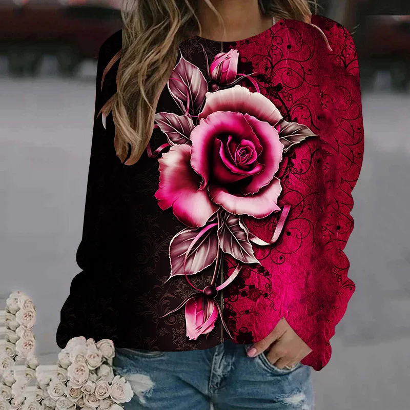 Rose Flower Sweatshirts Floral 3D Print Hoodies Women Long Sleeve Y2k Hoodie Streetwear Oversized Pullovers Top Female Clothing