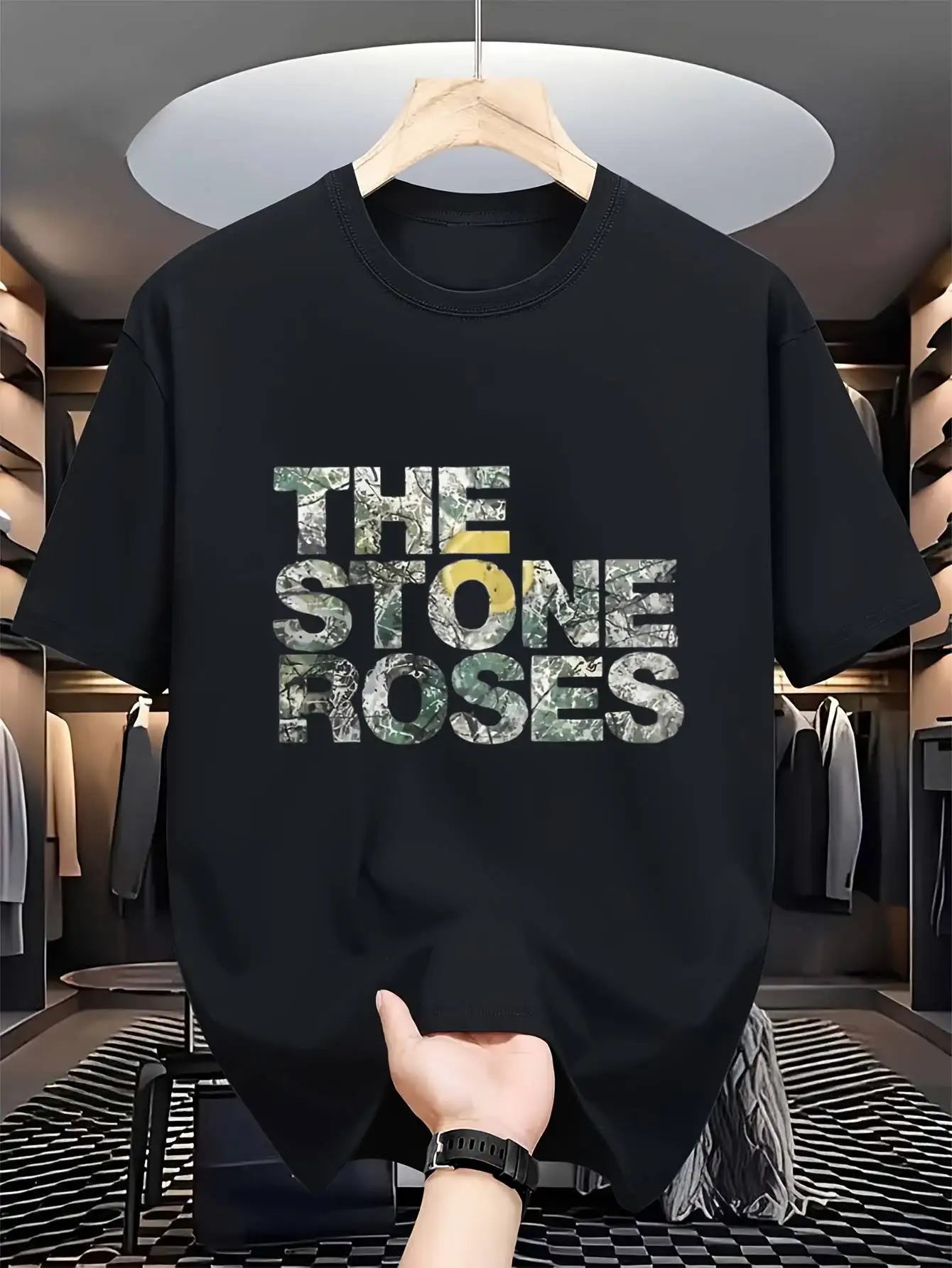 Men's Stone Roses Logo T-Shirt Black Sleeve
