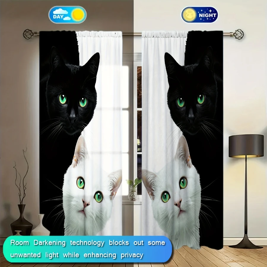 2PCS Digital Printed Curtains, Black White Cats Green Eyes Peeking Contrast, Modern Feline Art Two Tone Window Decor Living Room