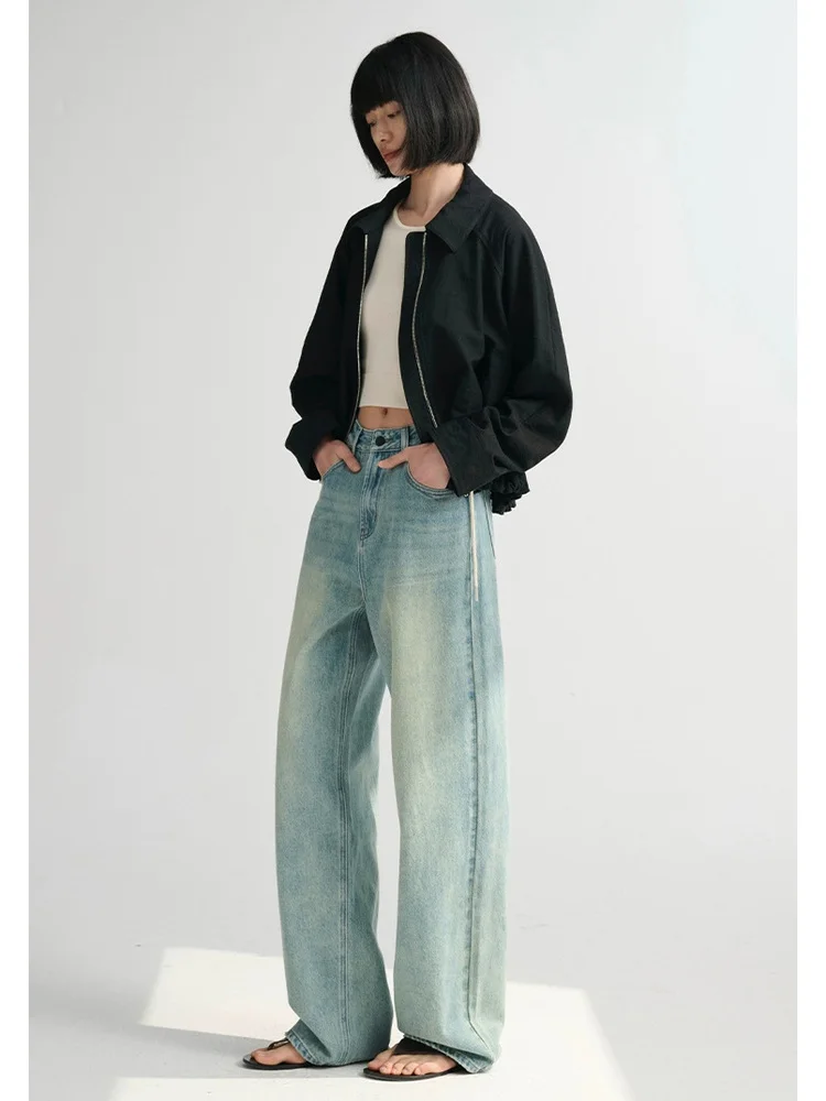 High Waist Wide Leg Denim Jeans Women's Vintage Faded Draped Loose Straight Long Pants Retro Sle Cotton Fabric Ladies Jeans