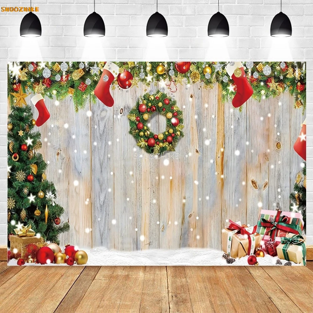 

Wooden Board Christmas Backdrop Photography Xmas Rustic Wood Wall Snow Glitter Tree Balls Family Party Photo Background Props