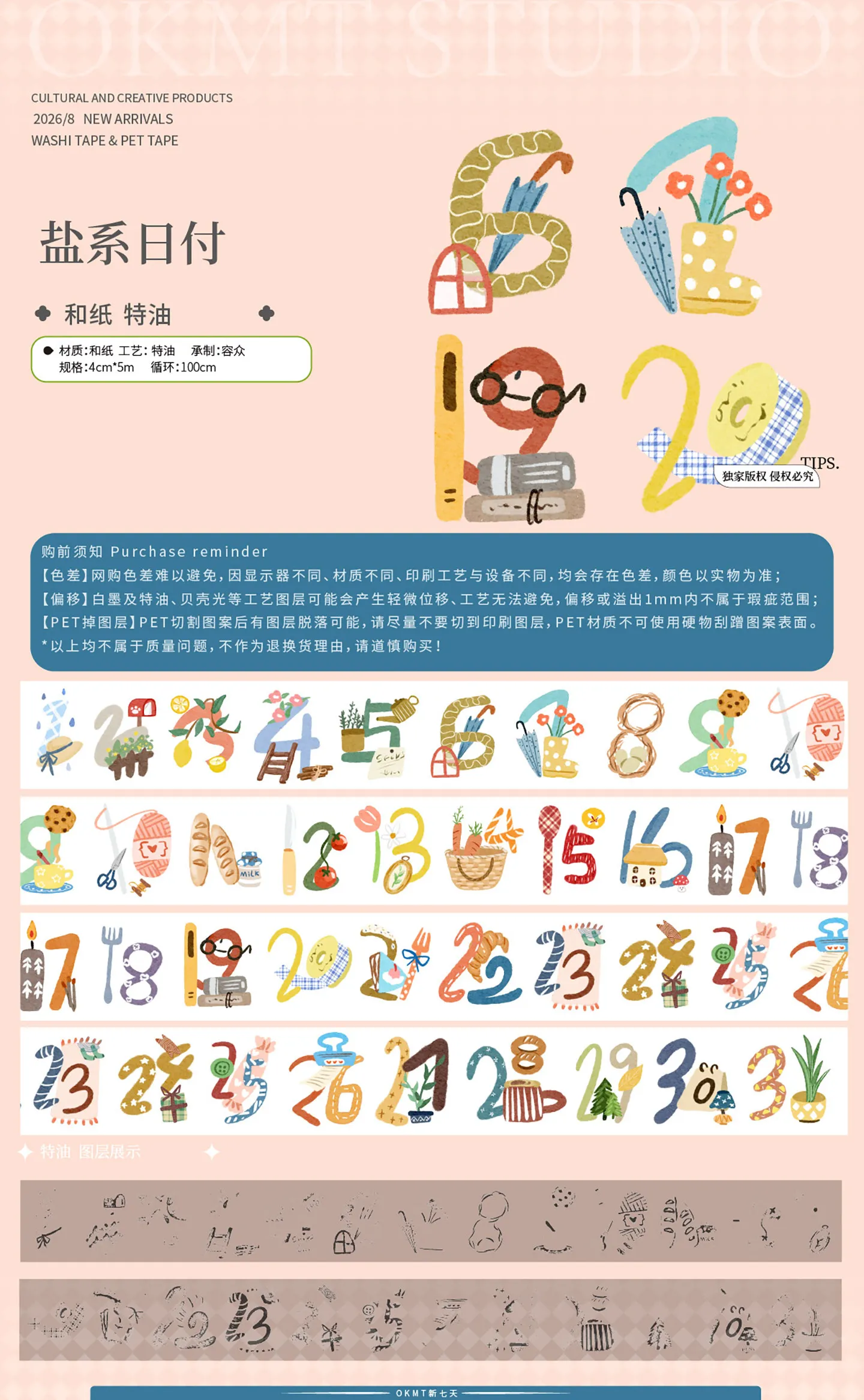 9.3 OKMT Salt Style Journal Washi Paper Tape Number Letter Decoration Sticker Color Special Oil Date DIY