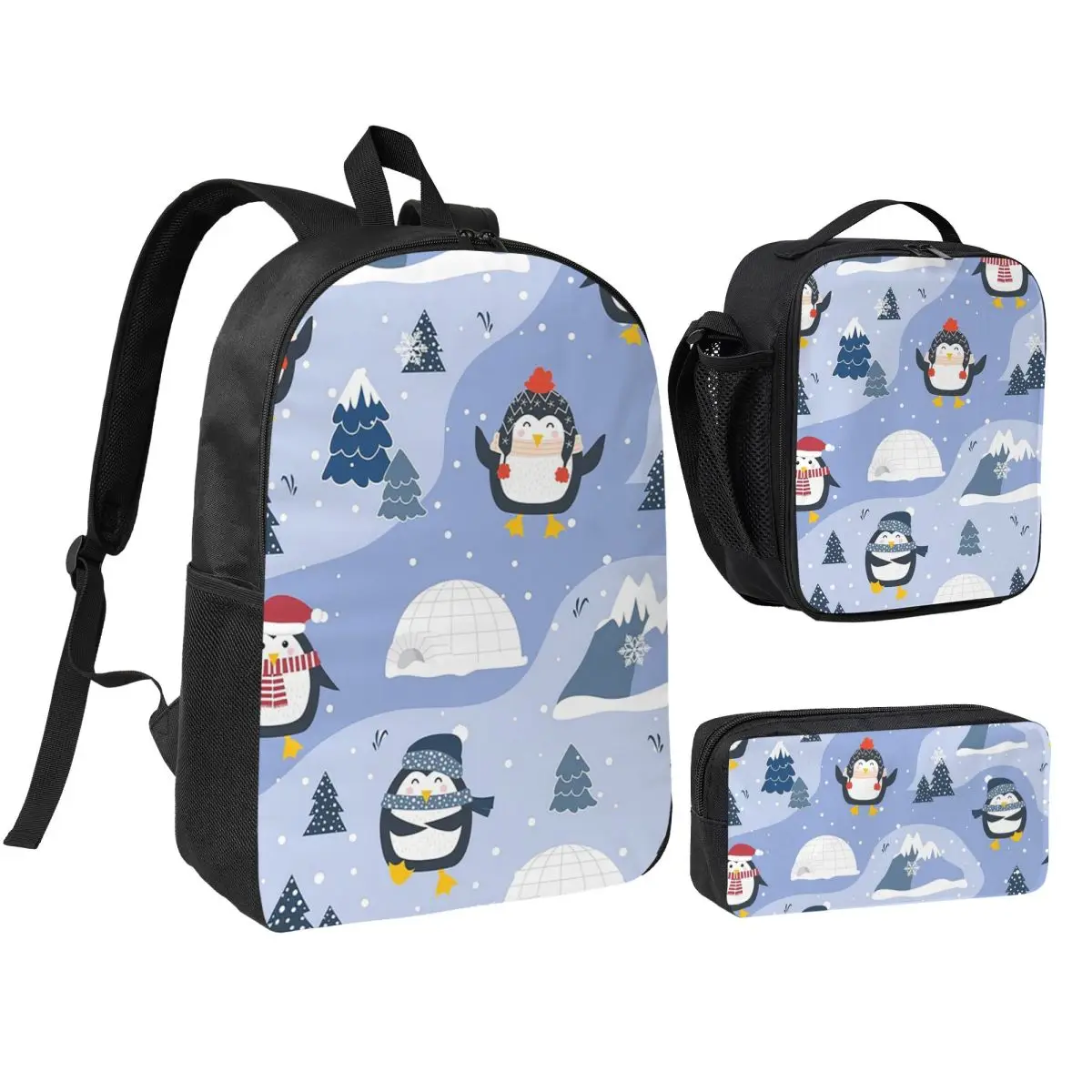 Cute Christmas Penguins Playing In Snow Backpack Student BookBag School Bag Shoulder Bags 3ps Insulated Lunch Bag Pencil Case
