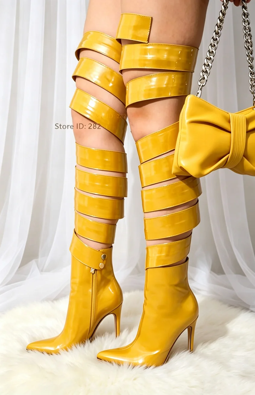 Spiral Version Pointy Toe Blue Leather Cut Out Thin Heeled High Heel Over The Knee Long Boots Women Thigh High Boots