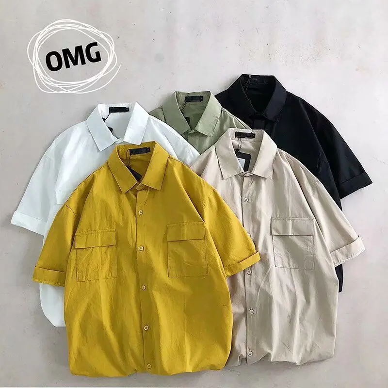 2023 Summer New Solid Color Turn-down Collar Short Sleeve Pockets Shirt Man Korean Style Fashion Single Breasted Thin Style Tops