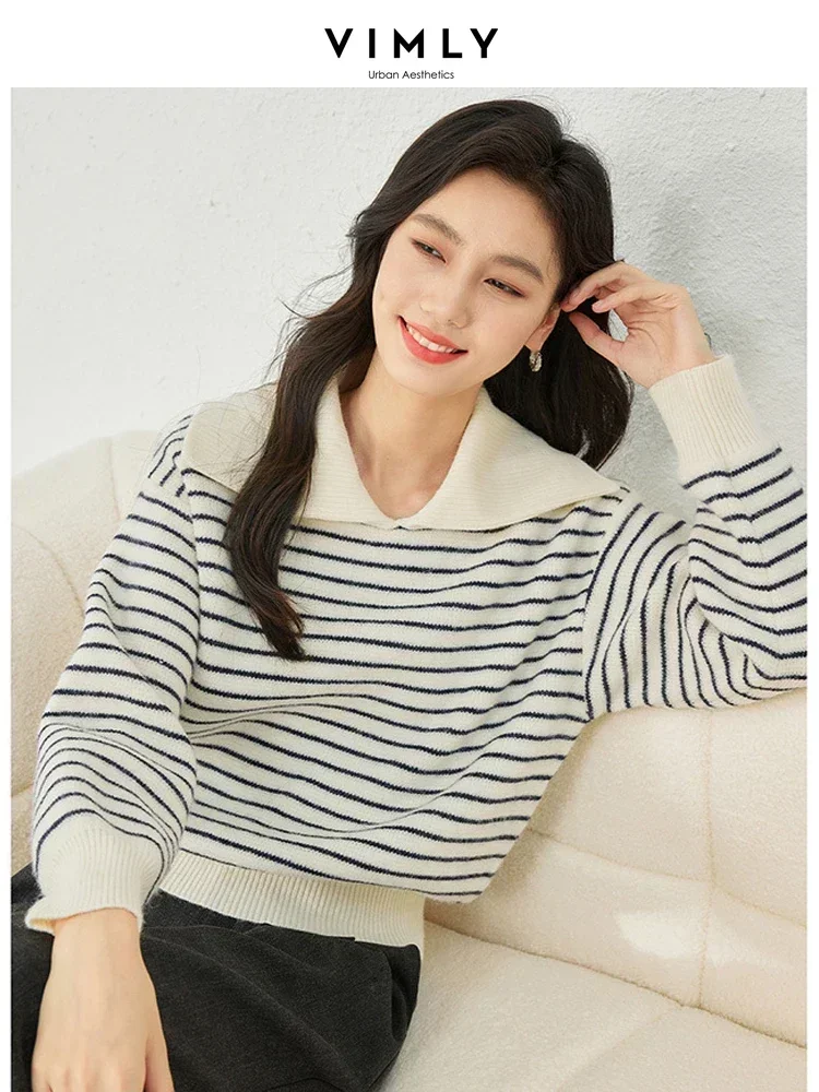 Vimly Women\'s Striped Sweater 2023 Winter New Thick Warm Long Sleeve Top High Strecth Lapel Pullover Casual Female Clothes 72528