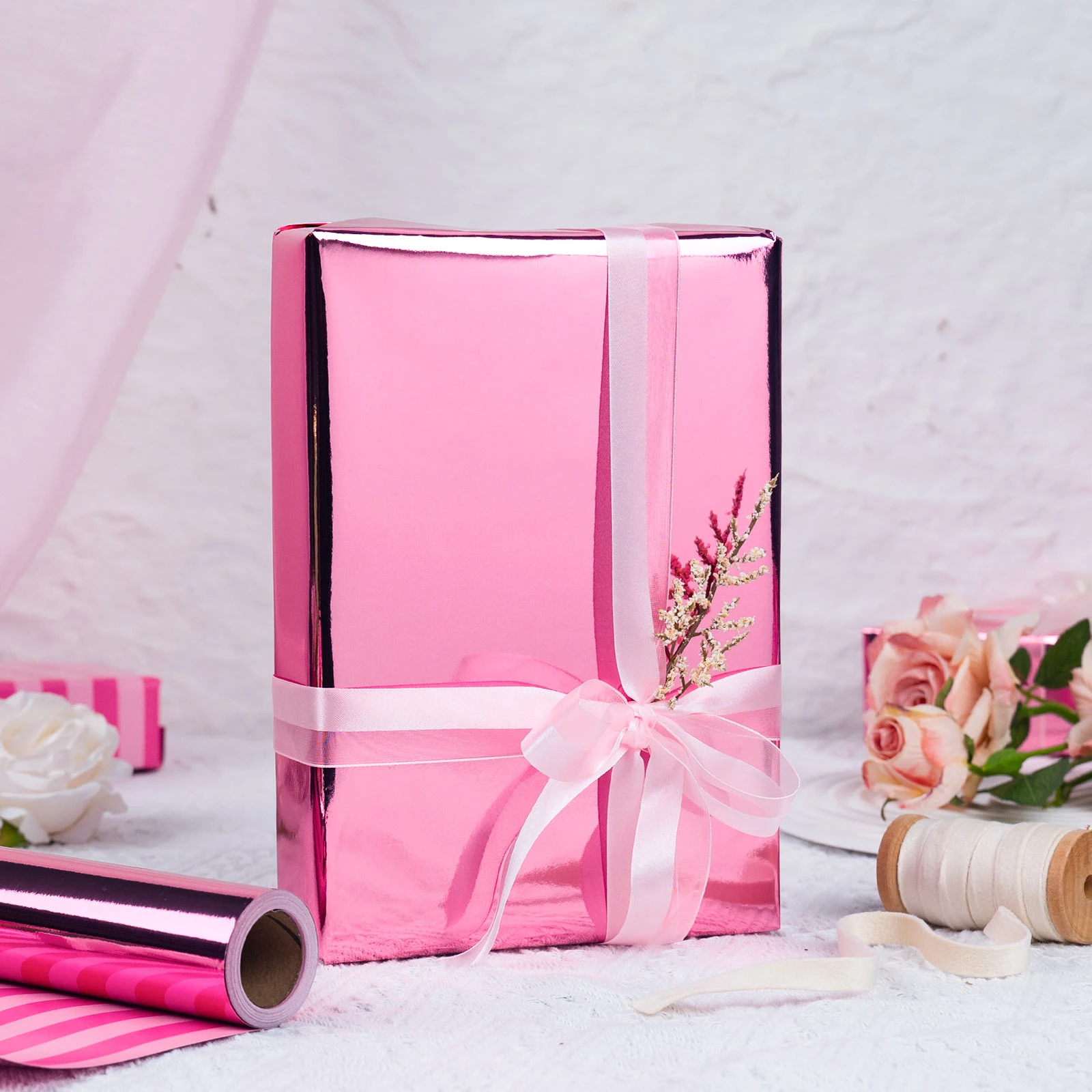 Wikadlik Hot Pink Wrapping Paper - Metallic Hot Pink Solid Color and Horizontal Stripes Gift Wrap Paper for Birthday, Valentines Day, Mothers Day - 43cm x 10m Mini Roll view 3