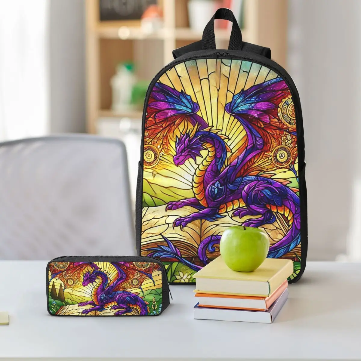 Vibrant Dragon Glass Art Backpack Student BookBag School Bag Shoulder Bags 3ps Insulated Lunch Bag Pencil Case
