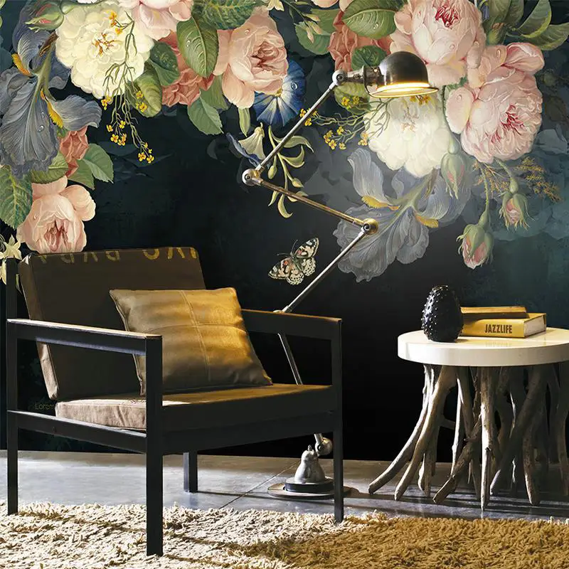 Customized products 3D Wallpaper Mural Pastoral Floral Flower Oil Painting Black living room TV backdrop wall bedroom restaurant