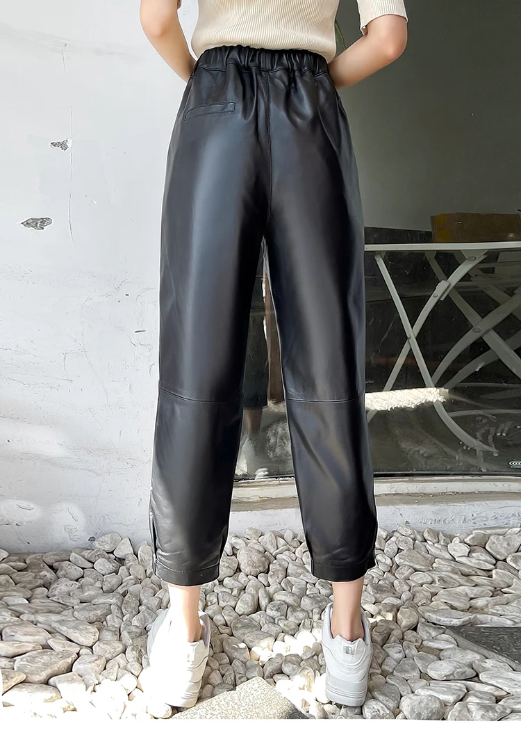 Spring Autumn Women's Sheepskin Nintth-pants High-rise High Quality Genuine Leather Straight Pants C784