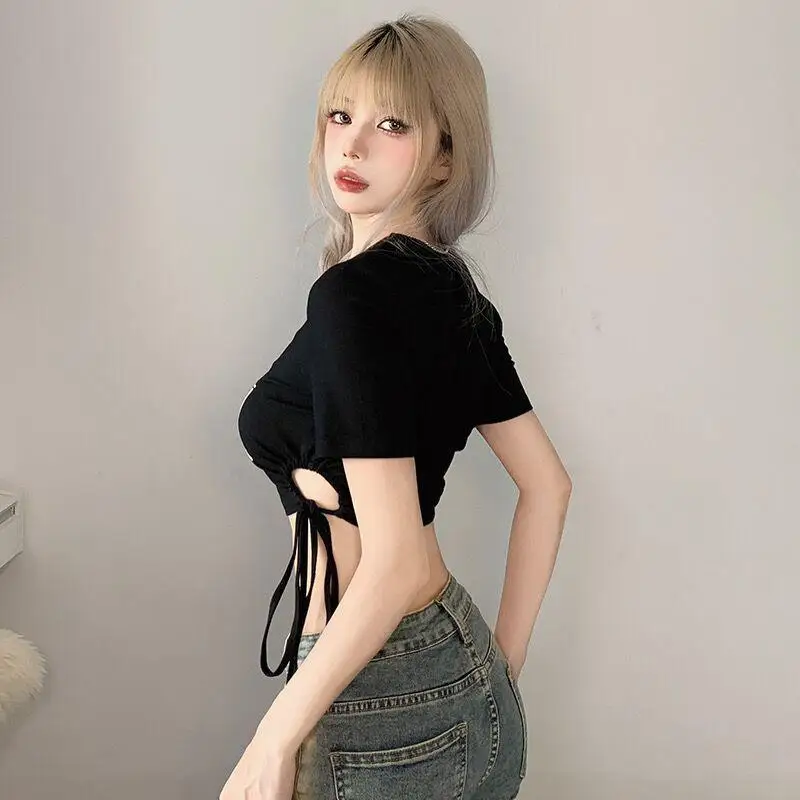 2026 New Summer Women's American Streetwear Slim Fit Lace Up Crop Top Letter Print Bust Enhancing T Shirt