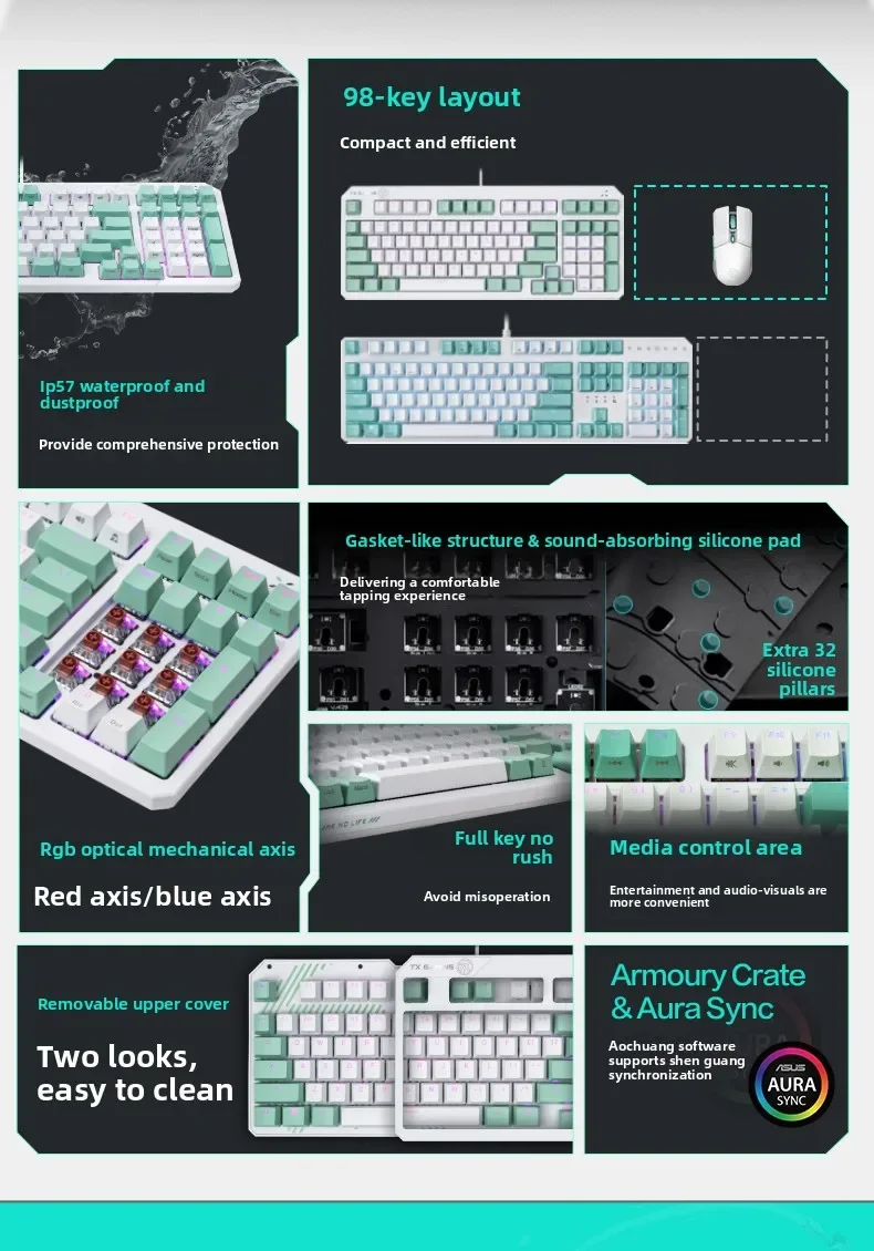 TX98 Gaming Keyboard RGB Mechanical Switch Wired Full Key Flushless IP57 Water and Dust Resistant 98 Array