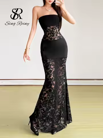 SINGREINY Strapless Lace Bodycon Dress Women Designer-Inspired Sleeveless Sheer Floral Mesh Prom Luxury Party Evening Dress