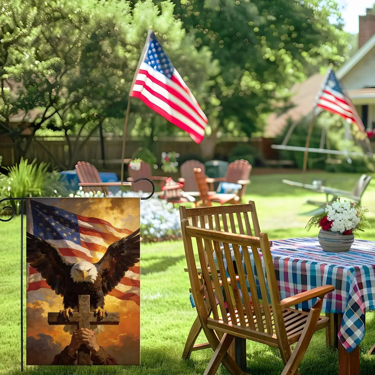 4th of July Eagle Cross Garden Flag,Patriotic Independence Day Double Sided American Garden Flags for Outside Yard Outdoor D AAM