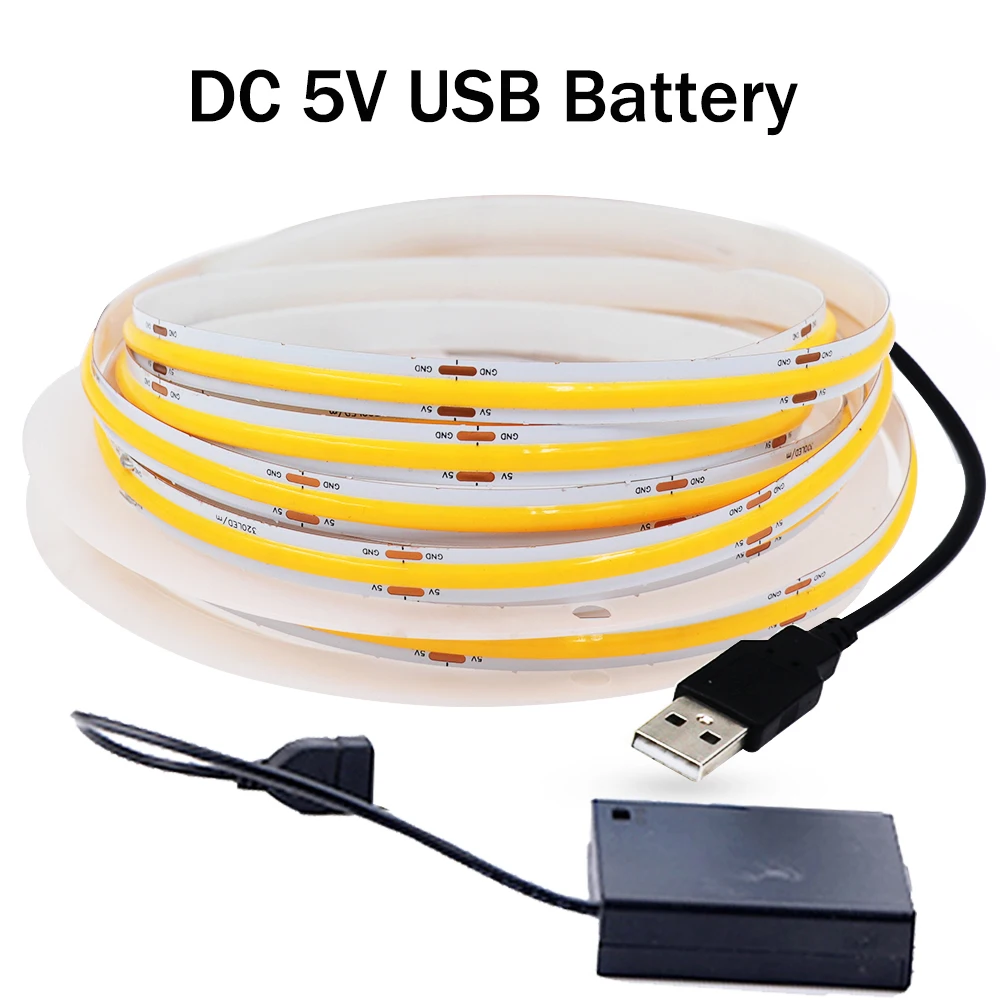DC5V USB COB LED Strip Battery Power Elastyczna taśma LED 320LED Liniowe światło o dużej gęstości z taśmą samoprzylepną do podświetlenia