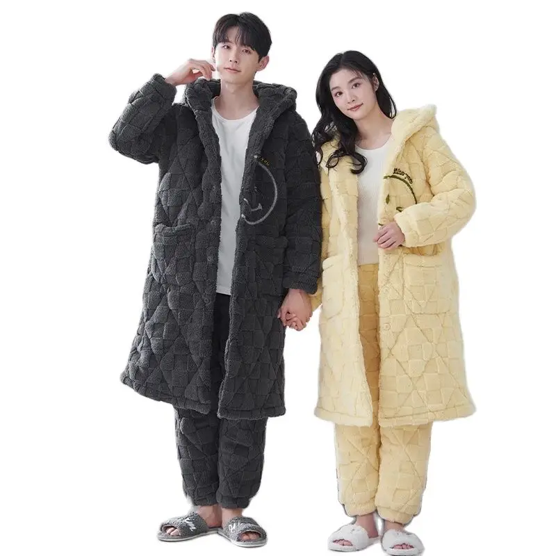 

Newest Couple Robe Winter Flannel Long Bathrobe+Pant Hooded Home Clothing Thick Warm Men and Women Pijamas